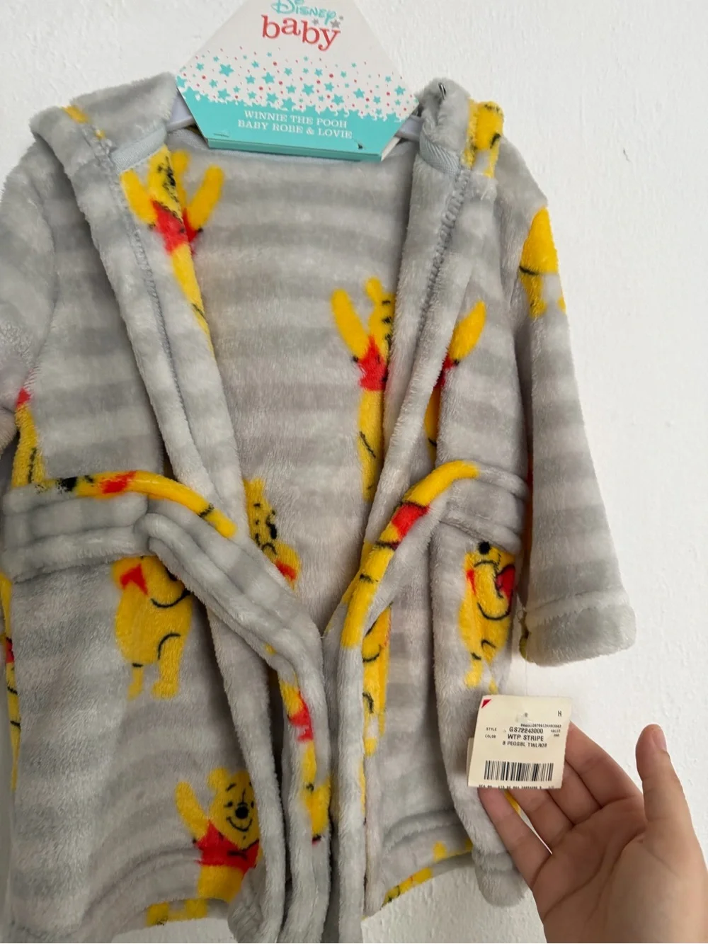 Disney Baby Gray Stripe Hooded Plush Robe with Yellow Winnie the Pooh